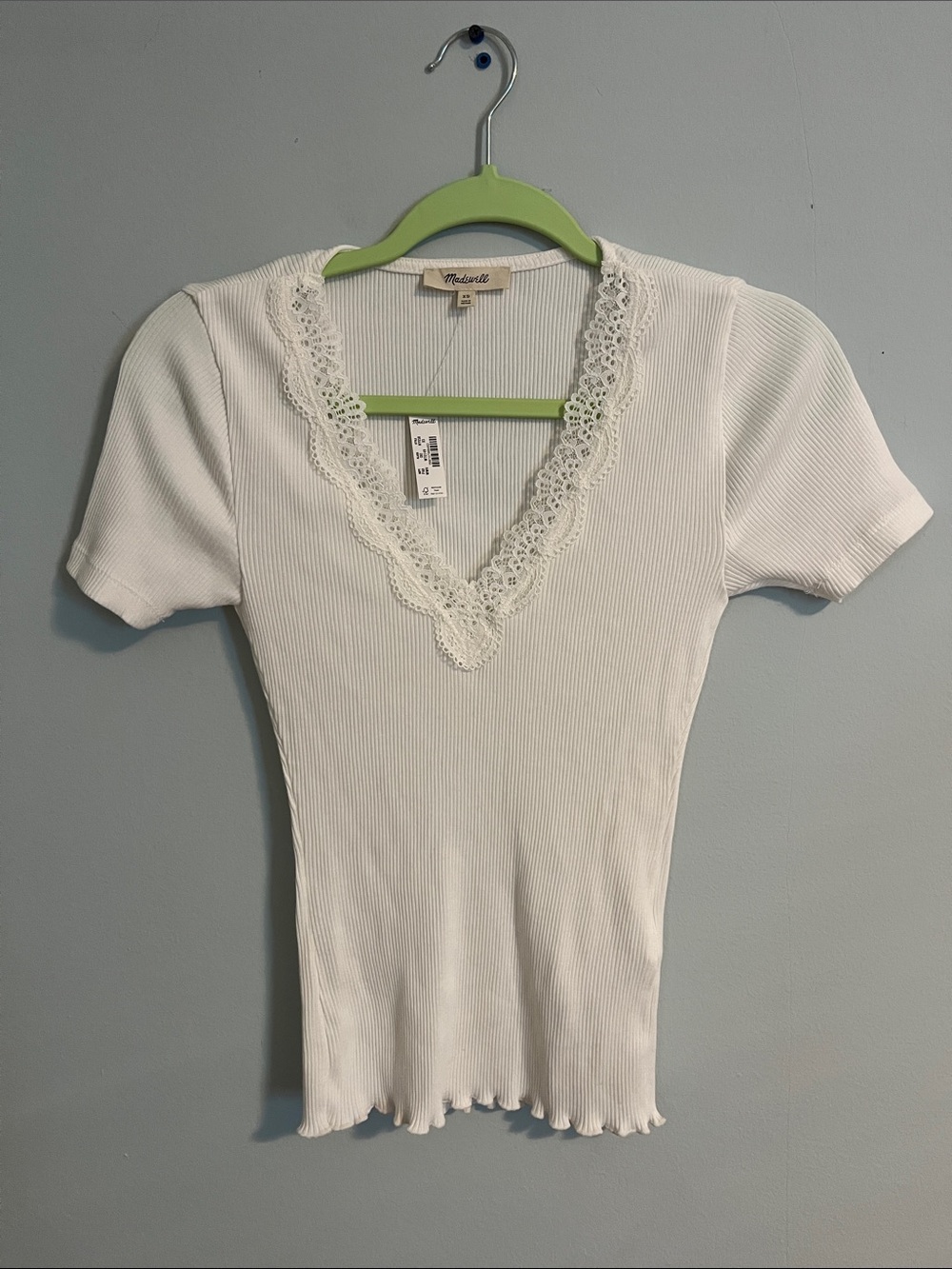 Madewell Cream Ribbed V-Neck Short Sleeve Top with Lace Trim